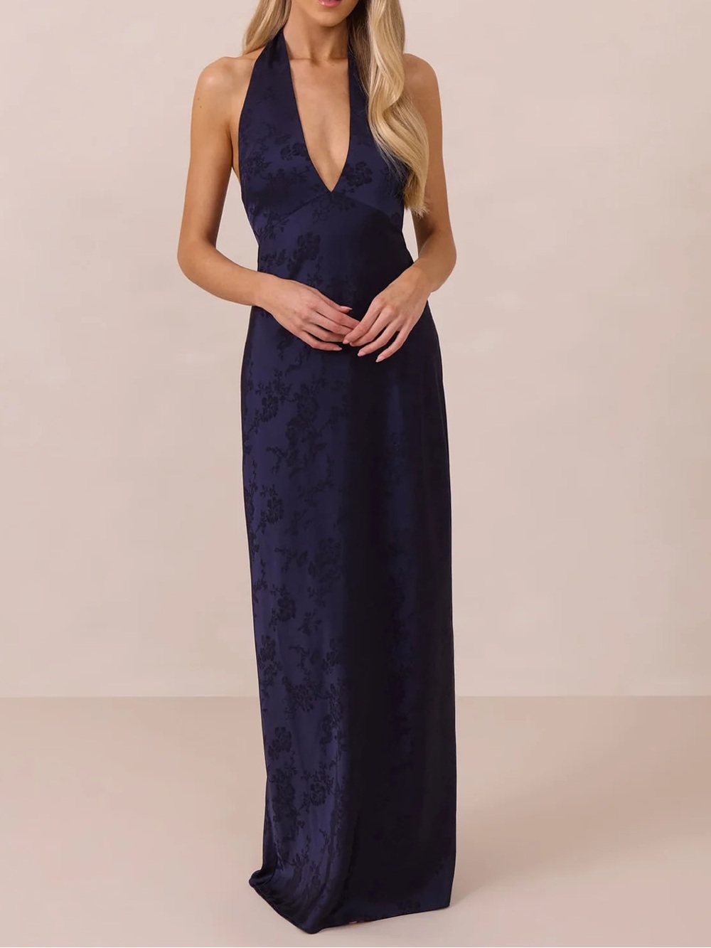 Park & Fifth Jacquard Empire Dress Elegant Navy V-Neck Halter Maxi Dress